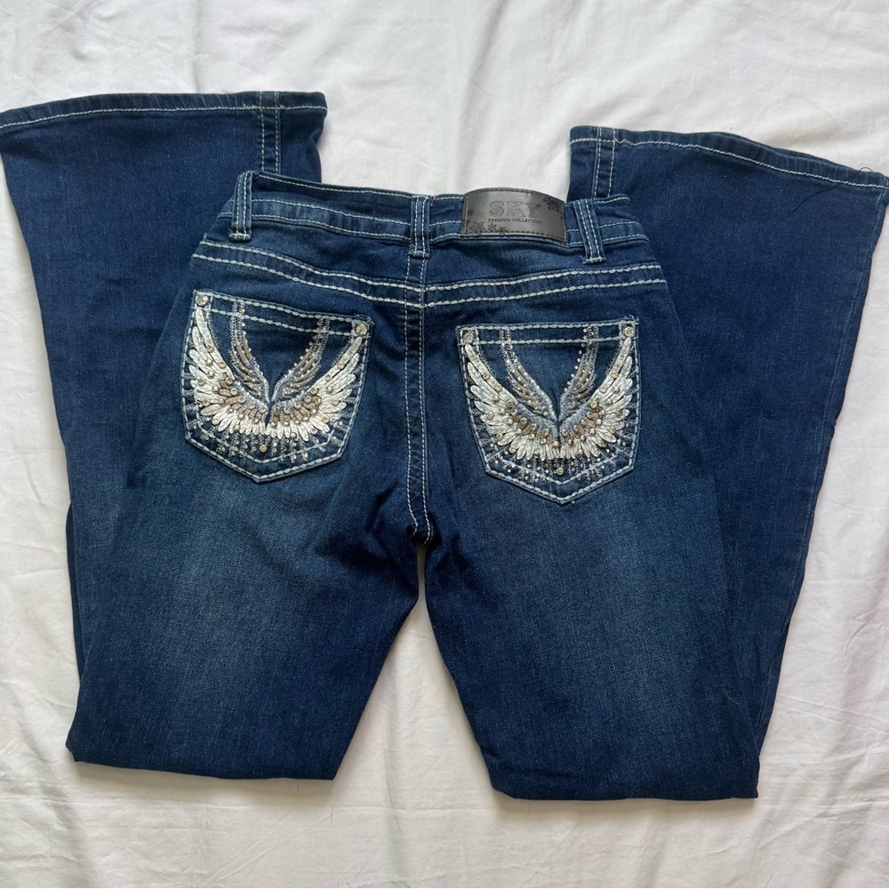 Sky Premium Collection Jeans Juniors Women Size 3/4  Embellished Wings Y2K Flare